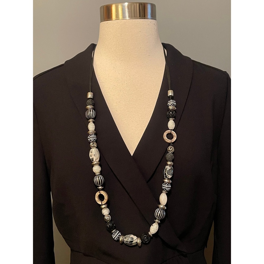 Chicos Black White Silver Beaded Statement Necklace 22 Inch Long Cord Eclectic - Picture 2 of 11